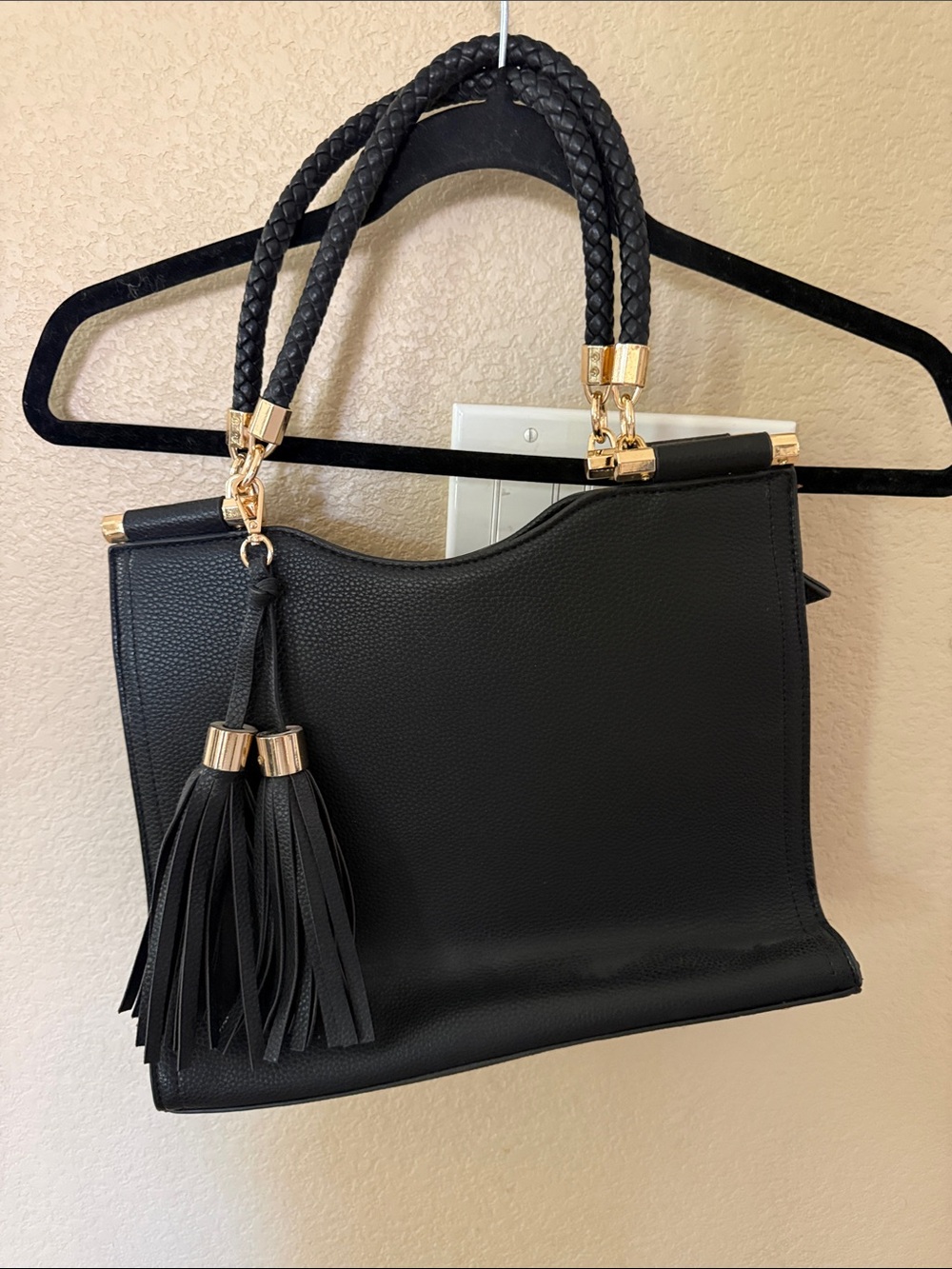 Mystique Boutique Black Braided-Handle Shoulder Bag with Tassels